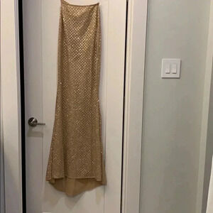 Love & Lemonade Gold Embellished BodyCon Long Dress One-Shoulder XS NWT